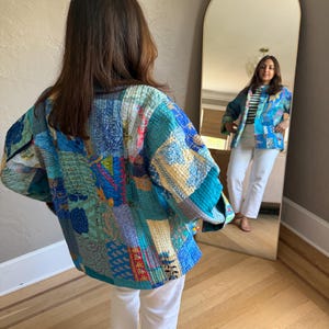 Patchwork Kantha Reversible Jacket | Handmade Quilted Cotton, Turquoise Blue Patterns