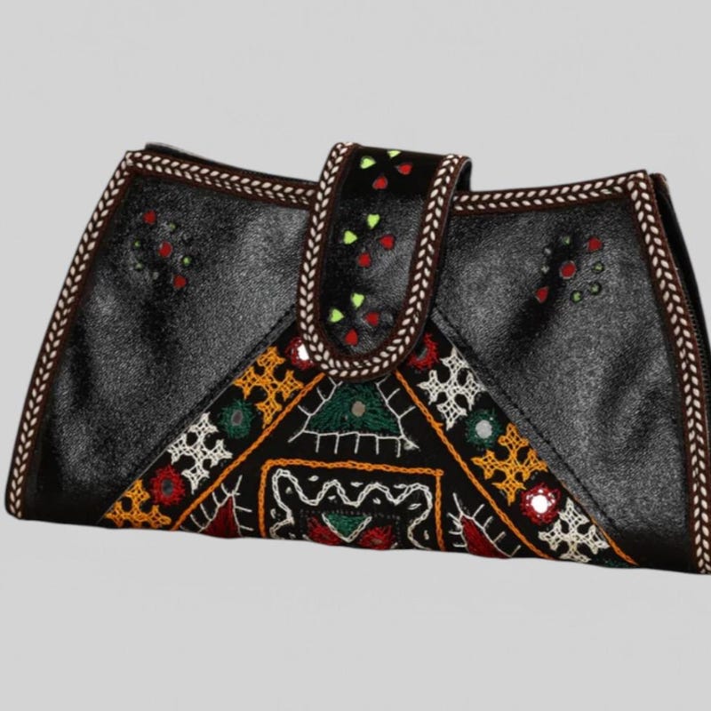 Grey - Handcrafted Kutch Embroidery Leather Clutch / Wallet