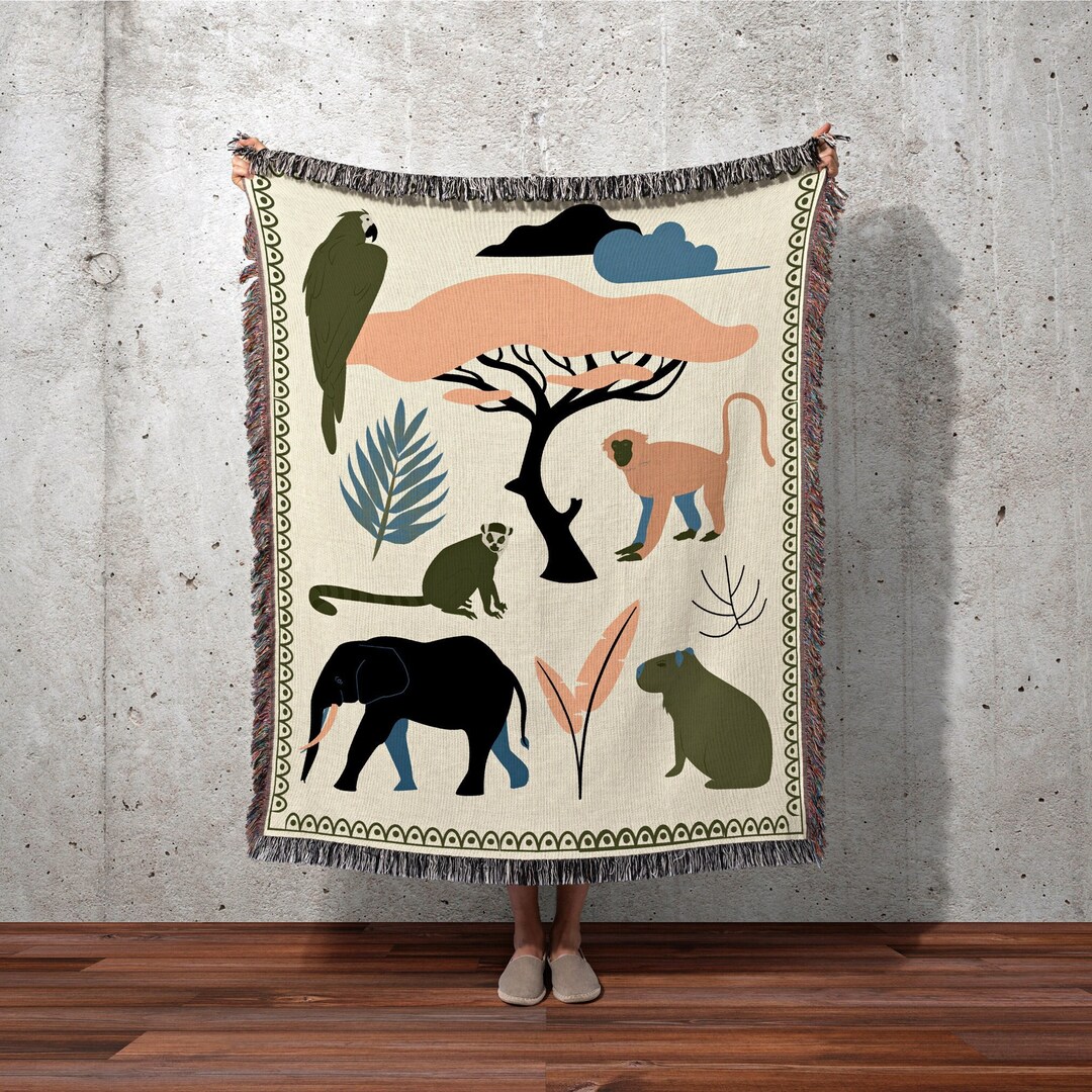 Jungle Decor Woven Throw Jungle Animal Decor Woven Cotton Etsy