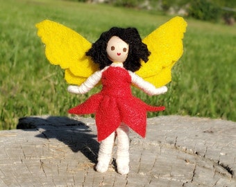 Red & Yellow Fairy Doll Toy with Black Hair, Small Doll, Imaginary Play, Gift for Girl, Tooth Fairy