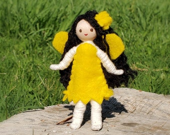 Yellow Fairy Doll Toy with Black Hair, Small Doll, Imaginary Play, Gift for Girl, Tooth Fairy