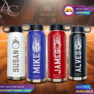 Botella de agua deportiva personalizada, regalo para equipos de fútbol, voleibol y baloncesto, botella de agua al por mayor, botella de agua de acero inoxidable con pajita.