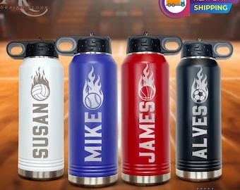 Personalized Custom Sport Water Bottle, Football Volleyball Basketball Team Gift, Bulk Water Bottle, Stainless Steel with Straw Water Bottle