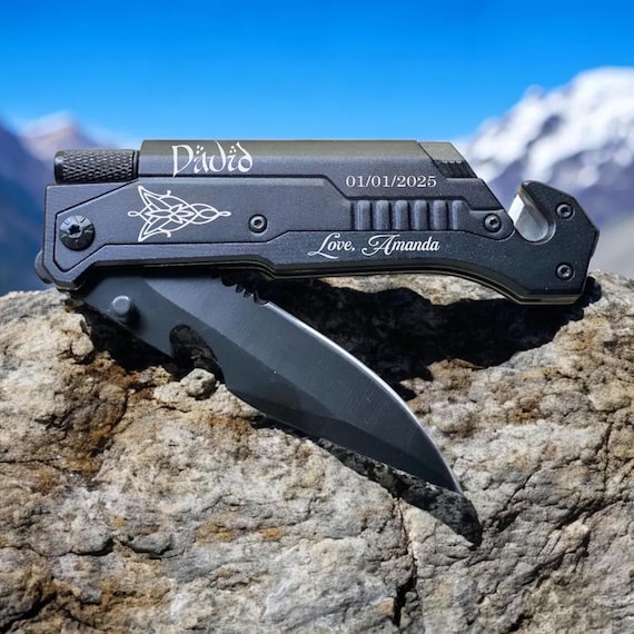 A custom-engraved multitool pocket knife with fantasy-themed designs — functional EDC that doubles as a wildly personalizable groomsmen gift.