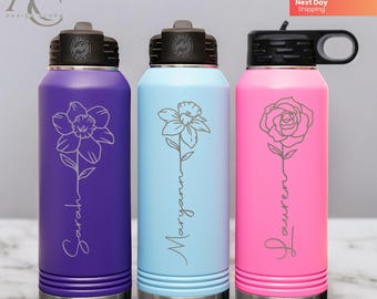 Custom Birth Flower Engraved Water Bottle, Birth Month Flower Gift, Personalized Gift, Stainless Steel Water Bottle, Gift for Her, Name Gift