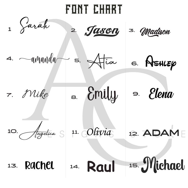 May include: A chart with 15 different fonts, each with a number and a name written in the font. The names include Sarah, Jason, Madison, Amanda, Atia, Ashley, Mike, Emily, Elena, Angelica, Olivia, Adam, Rachel, Raul, and Michael.
