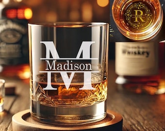 Custom Monogram Whiskey Glass, Personalized 11oz Whiskey Tumbler, Engraved Whiskey Gift for Groomsmen, Birthdays, Anniversaries, Weddings