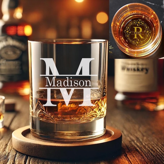 Custom Monogram Whiskey Glass, Personalized 11oz Whiskey Tumbler, Engraved Whiskey Gift for Groomsmen, Birthdays, Anniversaries, Weddings