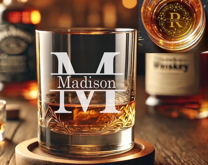 Custom Monogram Whiskey Glass, Personalized 11oz Whiskey Tumbler, Engraved Whiskey Gift for Groomsmen, Birthdays, Anniversaries, Weddings