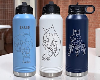 Dad Fist Bump Kids Names Bottle, Father's Day Gift for Daddy, Laser Engraved Stainless Steel Water Bottle, Personalized Tumbler for Dad