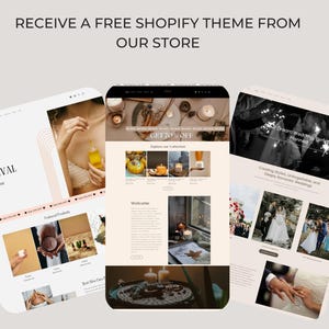 May include: Three website screenshots showcasing different themes for an online store. The first screenshot features a new arrival section with a pink and white color scheme. The second screenshot features a candle shop with a warm, earthy color scheme. The third screenshot features a wedding photography website with a black and white color scheme.