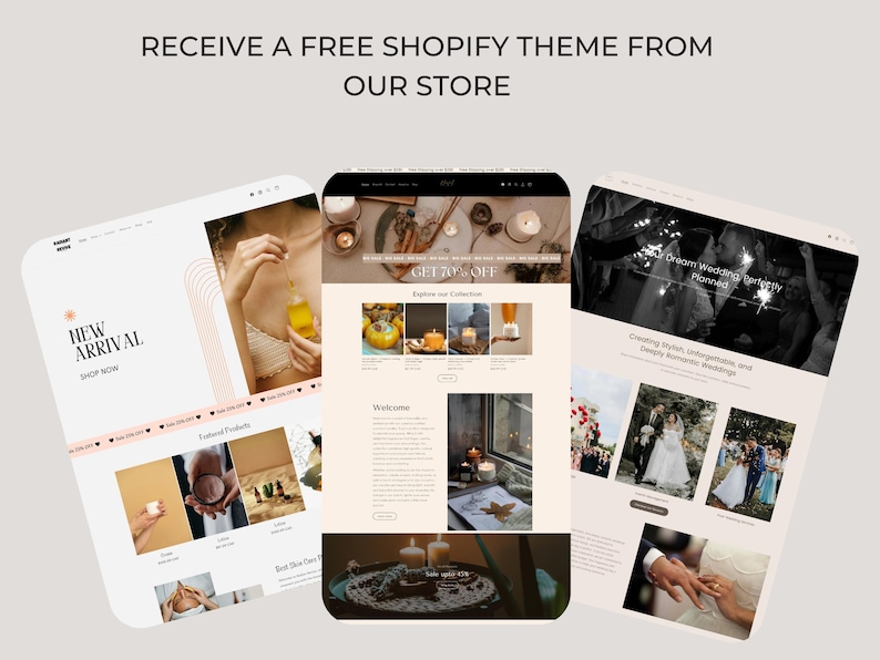 May include: Three website screenshots showcasing different themes for an online store. The first screenshot features a new arrival section with a pink and white color scheme. The second screenshot features a candle shop with a warm, earthy color scheme. The third screenshot features a wedding photography website with a black and white color scheme.