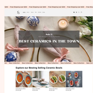 Może przedstawiać: Strona główna witryny internetowej sklepu sprzedającego ceramiczne miski. Witryna zawiera baner promocyjny z tekstem "Sale!!! 1% discount on all products" i tekstem "Best Ceramics in the Town". Witryna zawiera również sekcję zatytułowaną "Explore our Besting Selling Ceramic Bowls" ze zdjęciami czterech różnych ceramicznych misek.