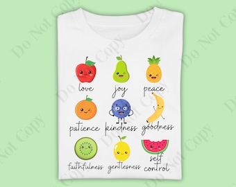 Frutas del espíritu PNG, diseño de camiseta de la fruta del espíritu, archivo de sublimación, imágenes prediseñadas, amor, alegría, paz, niños cristianos png, archivo de camiseta para niños