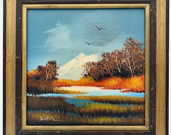 Vintage Oil on Canvas Lanscape Painting Signed Matson Mountain River Wildlife Scene, Framed