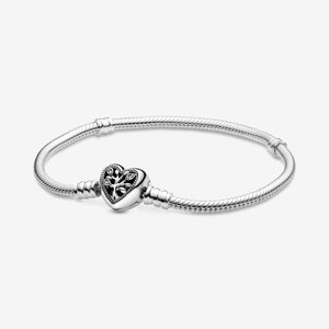 Pandora-armband i sterlingsilver | Hjärtspänne med släktträd, ormkedja (aldrig använt)
