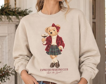 Espresso Martini Club Teddy Bear Sweatshirt Christmas Crewneck Friendsmas Gift Old Money Aesthetic, Plus Size Cozy Holiday Outfit