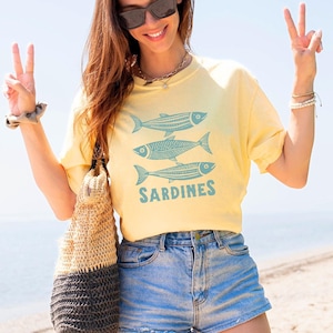 Sardine Linocut Shirt Tinned Fish Fisherman Aesthetic Coastal GranddaughterTomato Girl Summer Ocean Inspired Style Comfort Color Plus Sizing