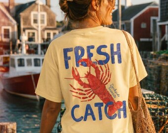 Camiseta de langosta Fresh Catch, estética de pescador, estética de la costa este, regalo, estilo costero desgastado, colores cómodos para nieta, tallas grandes