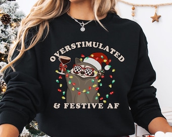 Overstimulated & Festive AF Raccoon Christmas Sweatshirt Espresso Martini Tangled Lights Unhinged Funny Weirdcore Meme Gift Plus Size