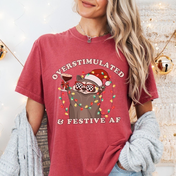 Overstimulated & Festive AF Raccoon Christmas Shirt Espresso Martini Tangled Lights Funny Weirdcore Meme Gift Shirt Comfort Colors Plus Size