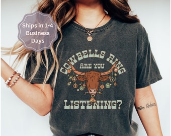 Cowbells Ring Christmas Tee, Highland Cow Graphic, Comfort Colors
