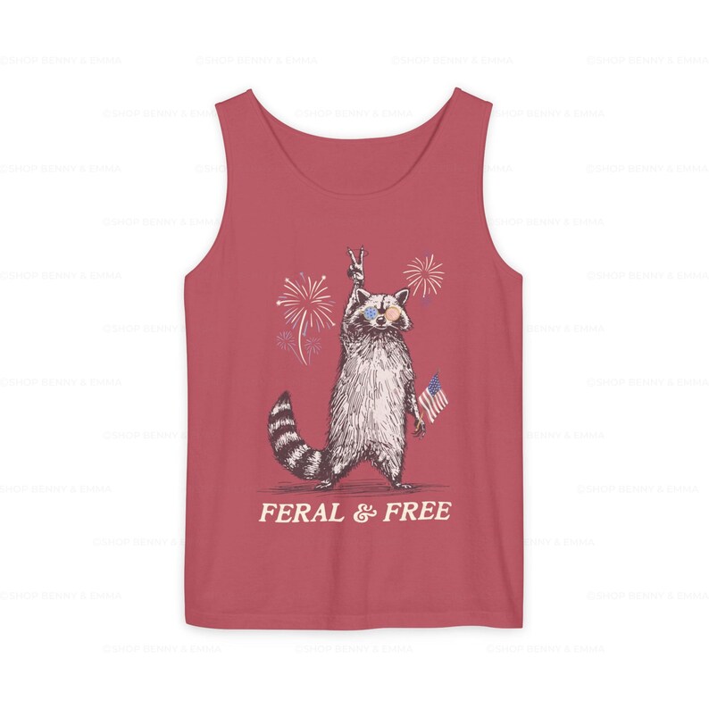 Funny July 4th Tank Top Raccoon Shirt Feral & Free Fireworks Shirt Feral Girl Summer Raccoon Meme Trendy Gift Comfort Colors Plus Sizing Crimson