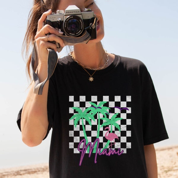 Miami T-Shirt 80s Aesthetic | Vintage Look T-Shirt | Neon Colors | Flamingo and Palm Trees | Plus Size | Comfort Colors