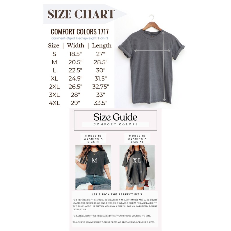 Peut inclure: Tableau des tailles pour un t-shirt lourd teint&eacute; en pi&egrave;ce. Le tableau indique les mesures de largeur et de longueur en pouces pour les tailles S &agrave; 4XL. Le tableau comprend &eacute;galement un guide des tailles avec deux mannequins portant le t-shirt dans diff&eacute;rentes tailles.