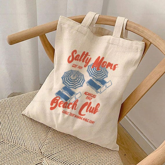 Salty Moms Beach Club Tote Bag Gift For Overwhelmed Mom Trendy Salty Summer Vibes For Mama Funny Mothers Day Gift Foldable Canvas Totebag