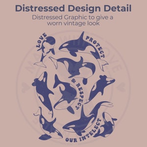 May include: Distressed graphic design featuring a circular arrangement of five orca whales in a blue silhouette. The whales are arranged in a circle with the text "LOVE", "PROTECT", "& RESPECT", and "OUR INTELECT" surrounding them.