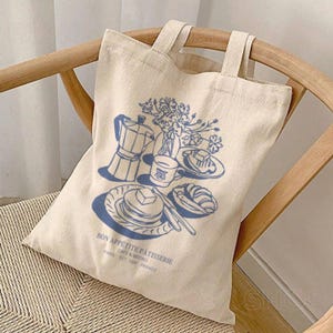 Trendy Paris Tote Bag Breakfast Club Pancake Croissant Totebag Thrifted Vibe Old Money Aesthetic Gift For Her Aesthetic Foldable Canvas Tote