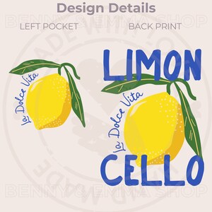 May include: A blue and yellow graphic design with the text "Limon Cello" and the phrase "La Dolce Vita" in cursive. The design features two lemons with green leaves.