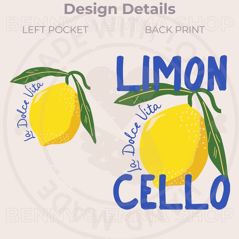 May include: A blue and yellow graphic design with the text "Limon Cello" and the phrase "La Dolce Vita" in cursive. The design features two lemons with green leaves.