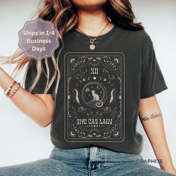 Cat Tarot The Cat Lady Tee Mystical Shirt Whimsigoth Dreamcore Dark Academia Moon Phase Shirt Faded Shirt Comfort Colors Plus Size