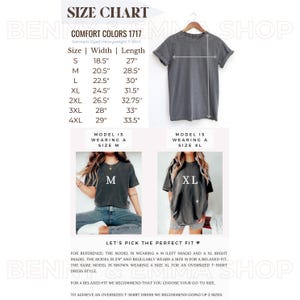 May include: Size chart for a garment-dyed heavyweight t-shirt. The chart shows the width and length measurements in inches for sizes S through 4XL. Two models are shown wearing the t-shirt, one in size M and one in size XL. The text "Let's pick the perfect fit" is displayed below the models.