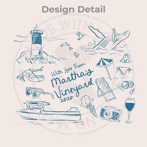 May include: A blue and white illustration of a lighthouse, whale, lobster, sunglasses, boat, ice cream cone, camera, wine glass, beach chair, and umbrella. The text "With Love From Martha's Vineyard xoxo" is written in blue.