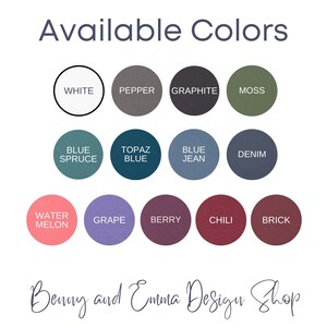 Pode incluir: Uma tabela de cores dispon&iacute;veis para um produto, com amostras de cores em branco, pimenta, grafite, musgo, azul abeto, azul top&aacute;zio, azul jeans, denim, melancia, uva, baga, pimenta e tijolo.
