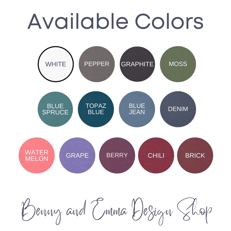 Pode incluir: Uma tabela de cores dispon&iacute;veis para um produto, com amostras de cores em branco, pimenta, grafite, musgo, azul abeto, azul top&aacute;zio, azul jeans, denim, melancia, uva, baga, pimenta e tijolo.