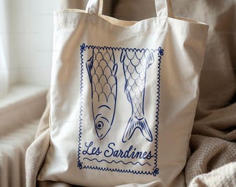 Les Sardines Tote Bag Tinned Fish Tote Fisherman Aesthetic French Tomato Girl Summer Coastal Granddaughter Canvas Tote Bag Foldable ToteBag