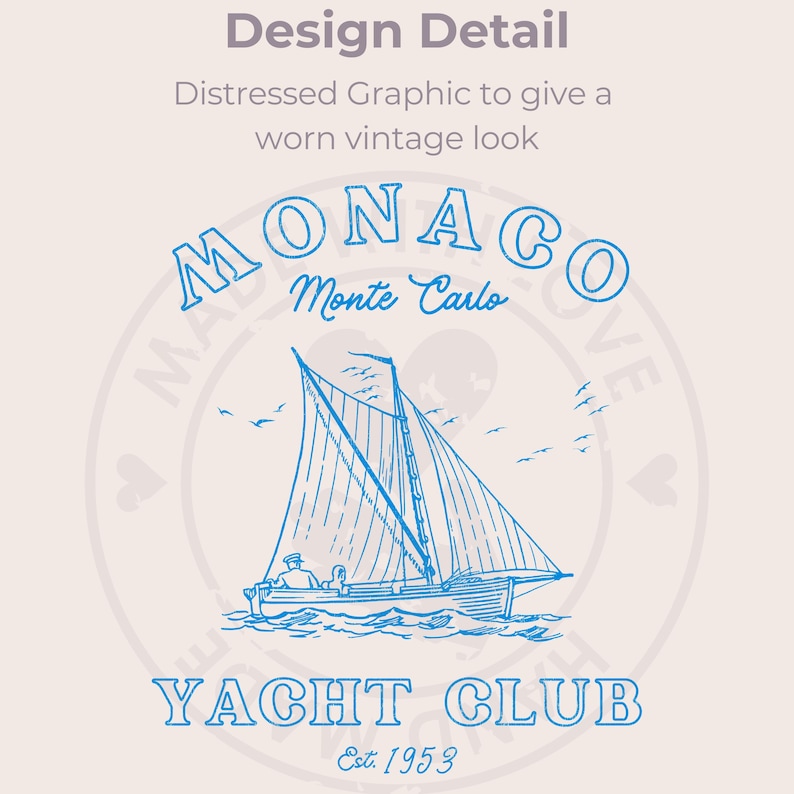 Peut inclure: Un design graphique bleu et blanc vieilli d'un voilier avec le texte "MONACO Monte Carlo YACHT CLUB Est. 1953".
