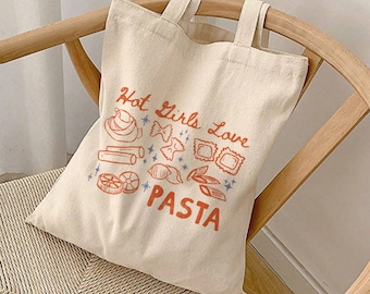 Hot Girls Love Pasta Tote Bag Foodie Tote Whimsical Carb Lover Gift Pasta Gifts Culinary Tote Italian Food Lover Foldable Canvas Tote Bag