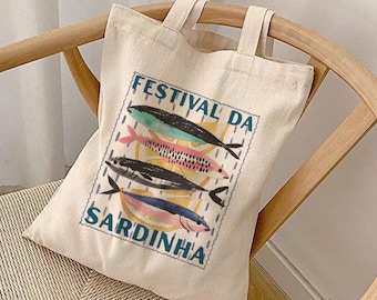 Tinned Fish Sardine Tote Bag Amalfi Coast Gift Fisherman Aesthetic Coastal Granddaughter Summer Ocean Inspired Style Foldable Canvas Totebag