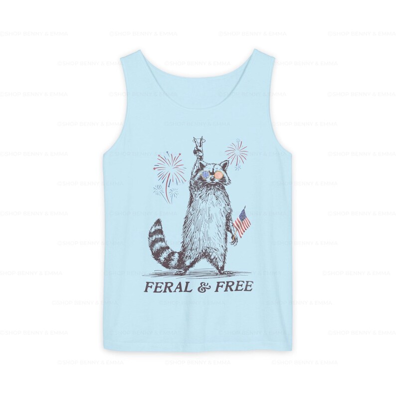 Funny July 4th Tank Top Raccoon Shirt Feral & Free Fireworks Shirt Feral Girl Summer Raccoon Meme Trendy Gift Comfort Colors Plus Sizing Chambray