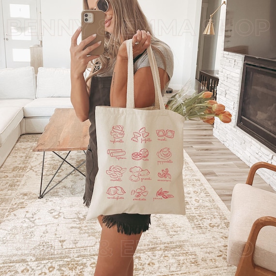 Pasta Canvas Tote Bag Italy Bag Tomato Girl Summer Foodie Tote Bag Nonna Gifts Italia Bag Vegan Pasta Gift Old Money Aesthetic Foldable Tote