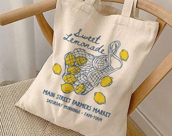 Farmers Market Lemon Tote Bag: Vintage Style Canvas Sweet Lemonade Tote