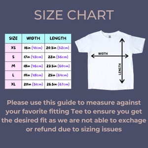 May include: Size chart for a t-shirt with measurements in inches and centimetres. The chart shows the width and length of the shirt in different sizes: XS, S, M, L, and XL.