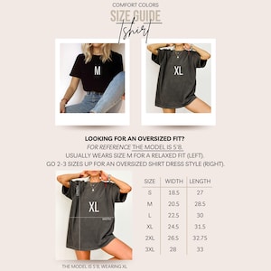 May include: Size chart for a t-shirt with measurements in inches. The chart shows the width and length of the shirt in sizes S, M, L, XL, 2XL, and 3XL. The model is 5'8 and is wearing a size XL t-shirt.