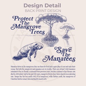 May include: A blue and white illustration of a manatee swimming in a mangrove forest. The text "Protect The Mangrove Trees" and "Save The Manatees" is written in a stylized font. The text below the illustration reads: "Manatees thrive in the mangroves; they use them for food and a quiet place to rest and raise their young. But both the mangroves and manatees are in trouble. There are at least 7,000 manatees estimated to live in Florida, a rebound from previous years, but they continue to face threats. 606 died in 2019 alone! And in the past 100 years, mangrove forests have been cleared at an alarming rate. Tampa Bay has lost nearly 50% of its mangroves, while farther south, the mangroves of Charlotte Harbor estuary have declined by nearly 60%."