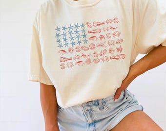 Trendy 4th of July American Flag Shirt Oceancore Fisherman Aesthetic Ocean Inspired Style Salty Granola Girl Comfort Colors Plus Sizing